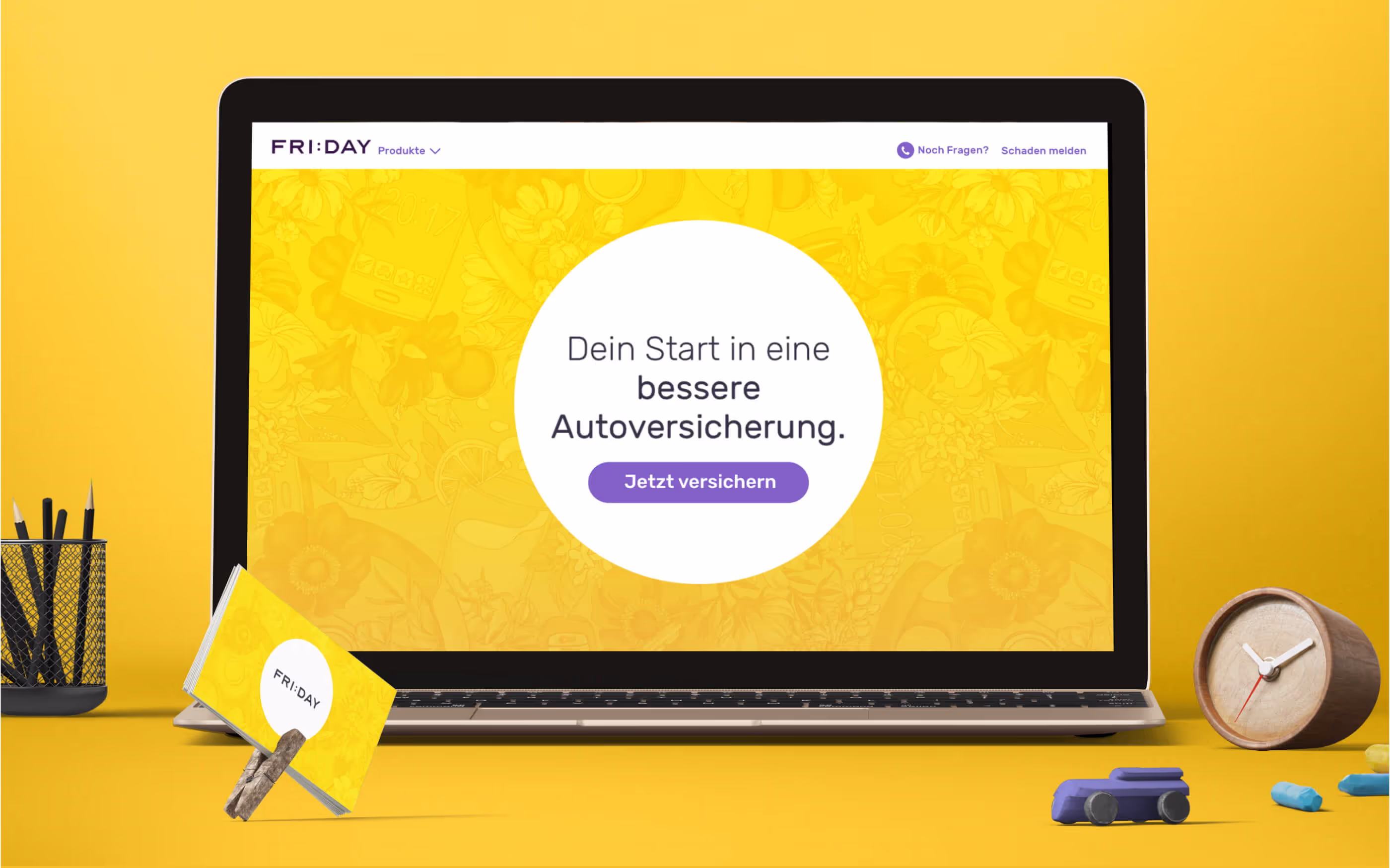 Laptop with Friday's homepage with the headline “Your start to better car insurance”