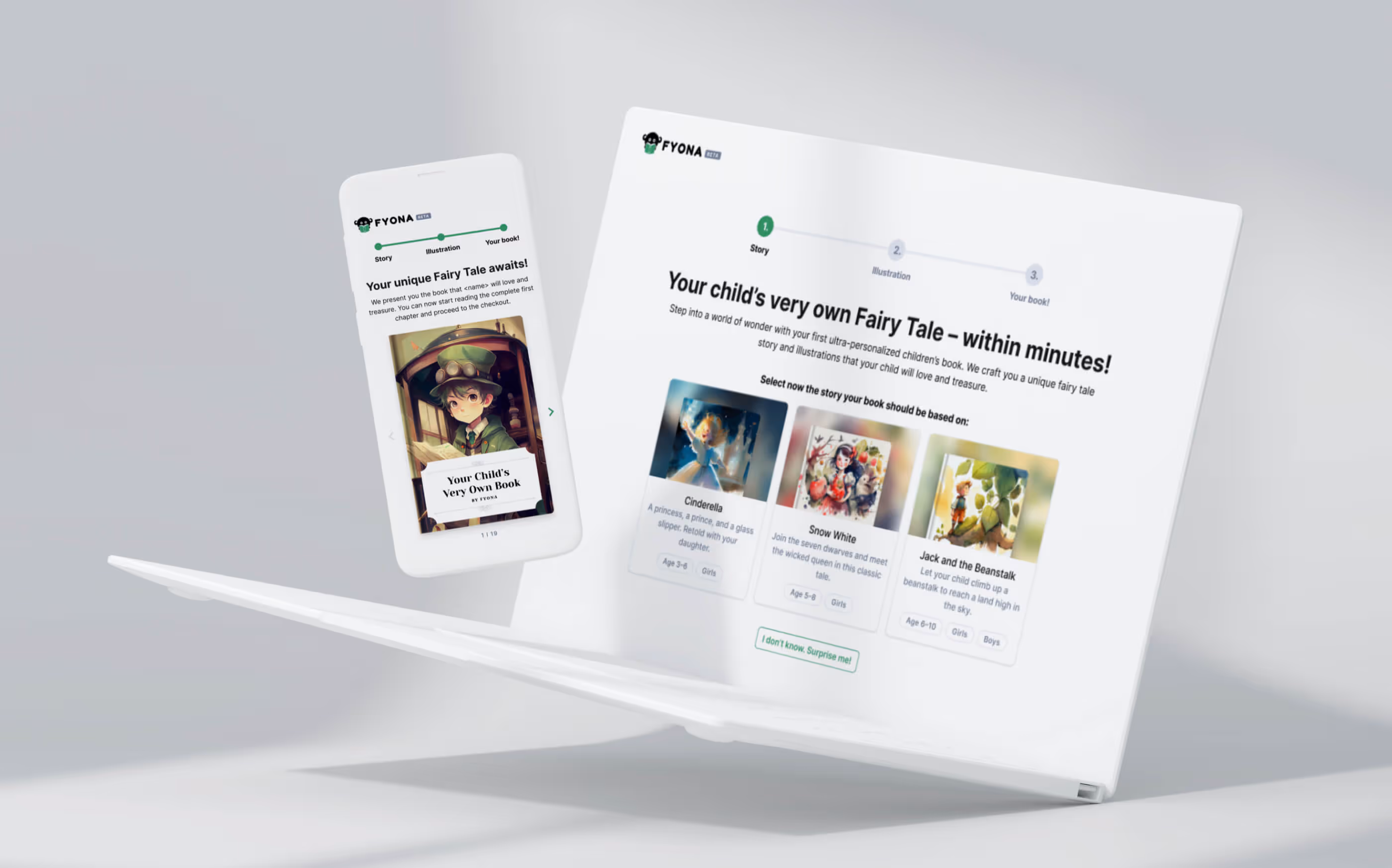Screenshots show the responsive display of Fyona on mobile and desktop