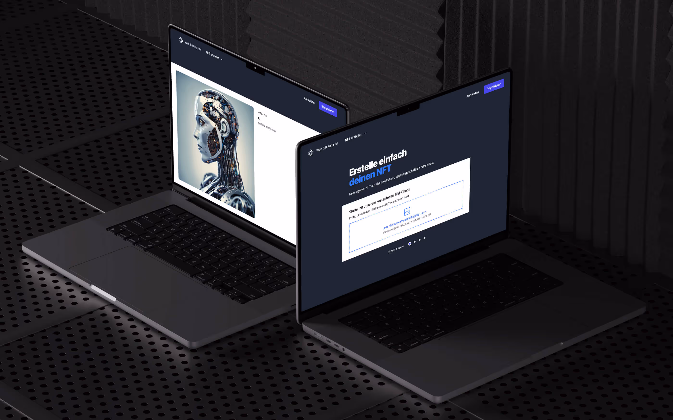 Two laptops show the homepage and the NFT detail page from web3register