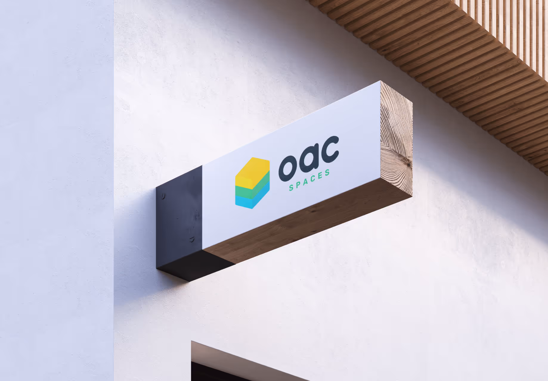 Concept image of the oac spaces entrance sign printed on wood