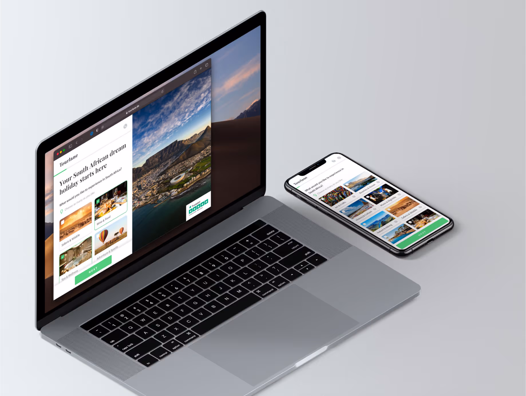 A laptop and a mobile phone show the start page of the new funnel