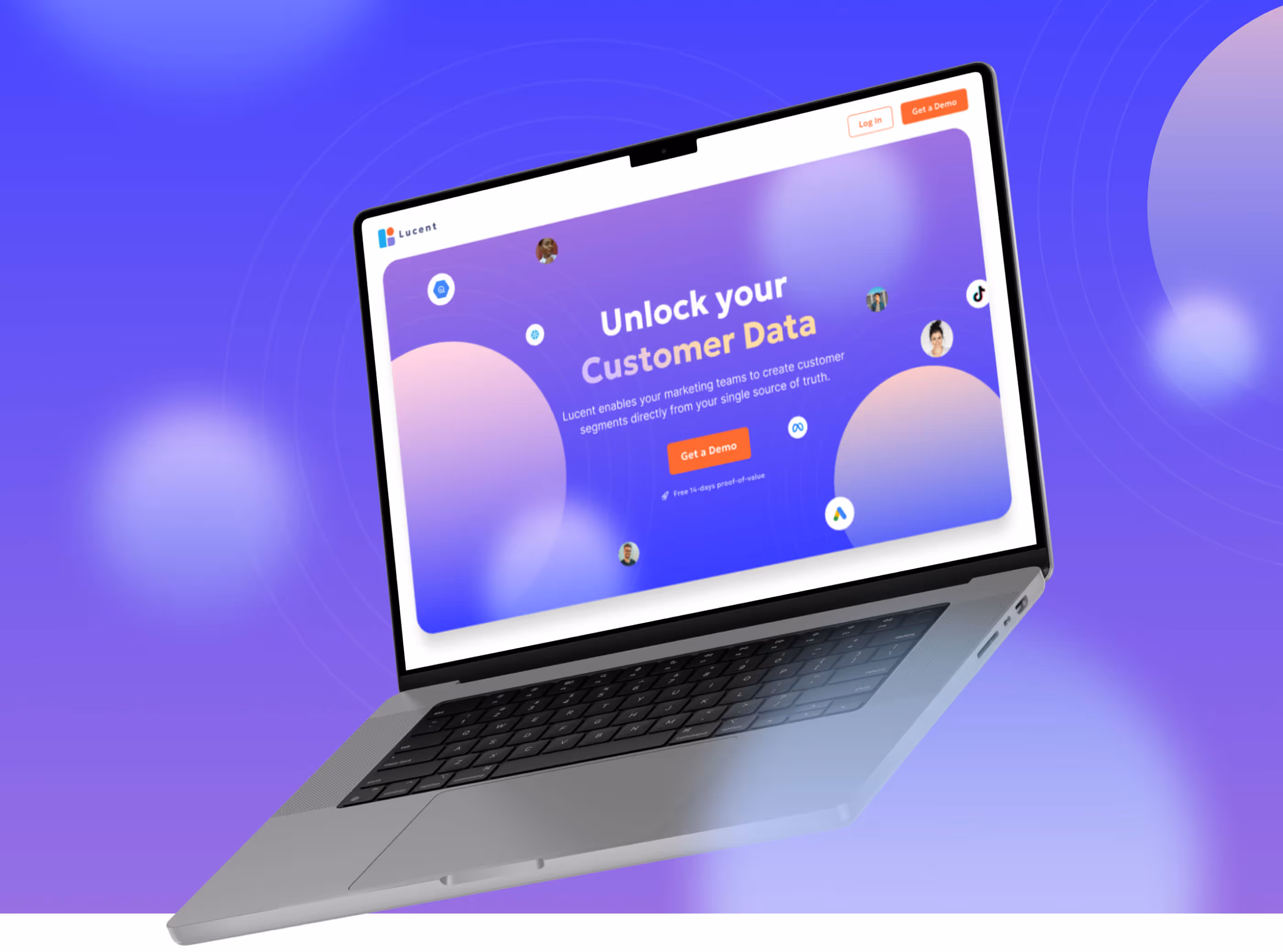 The Lucent homepage designed by us in a floating laptop