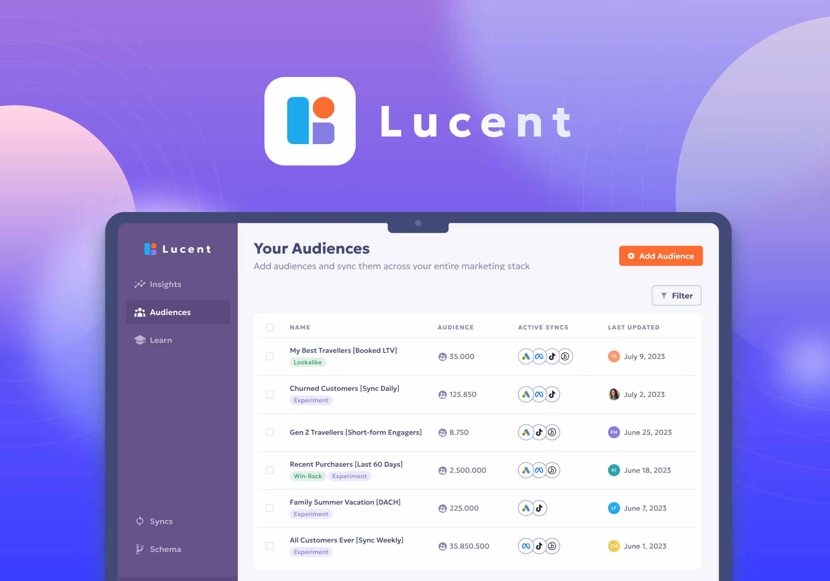 Lucent Logo und Ausschnitt aus dem Audience Builder in einem Laptop