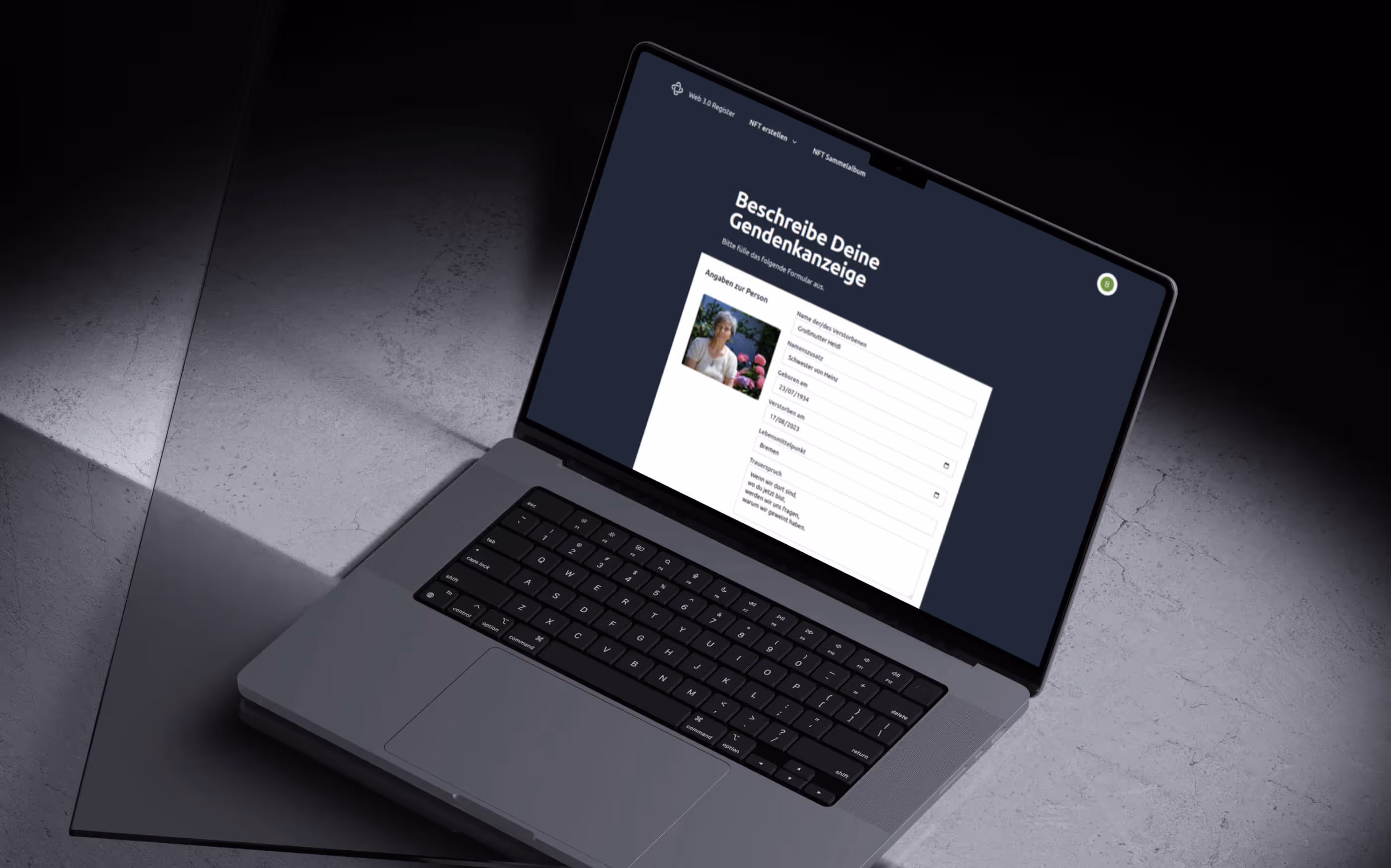 There is a browser window on a laptop with the NFT memorial display settings