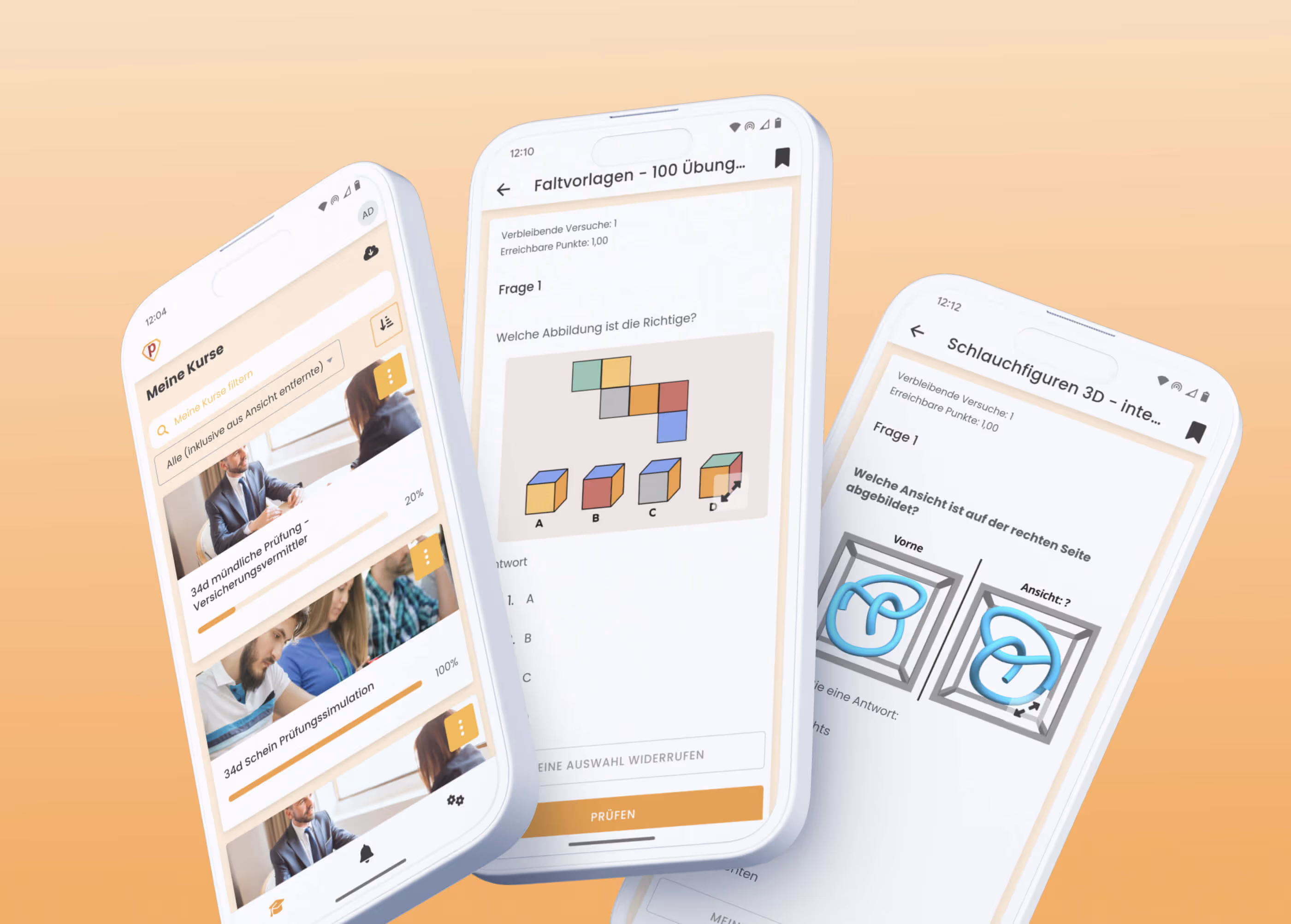 Three mobile phones floating on an orange background with the Plakos exam app for iOS and Android