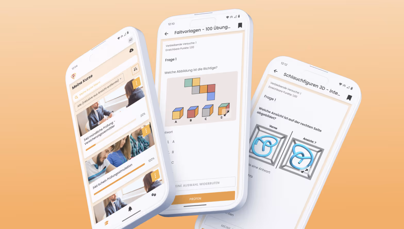 Drei Handys schwebend auf orangefarbenem Hintergrund mit der Plakos Lern-App für iOS und Android