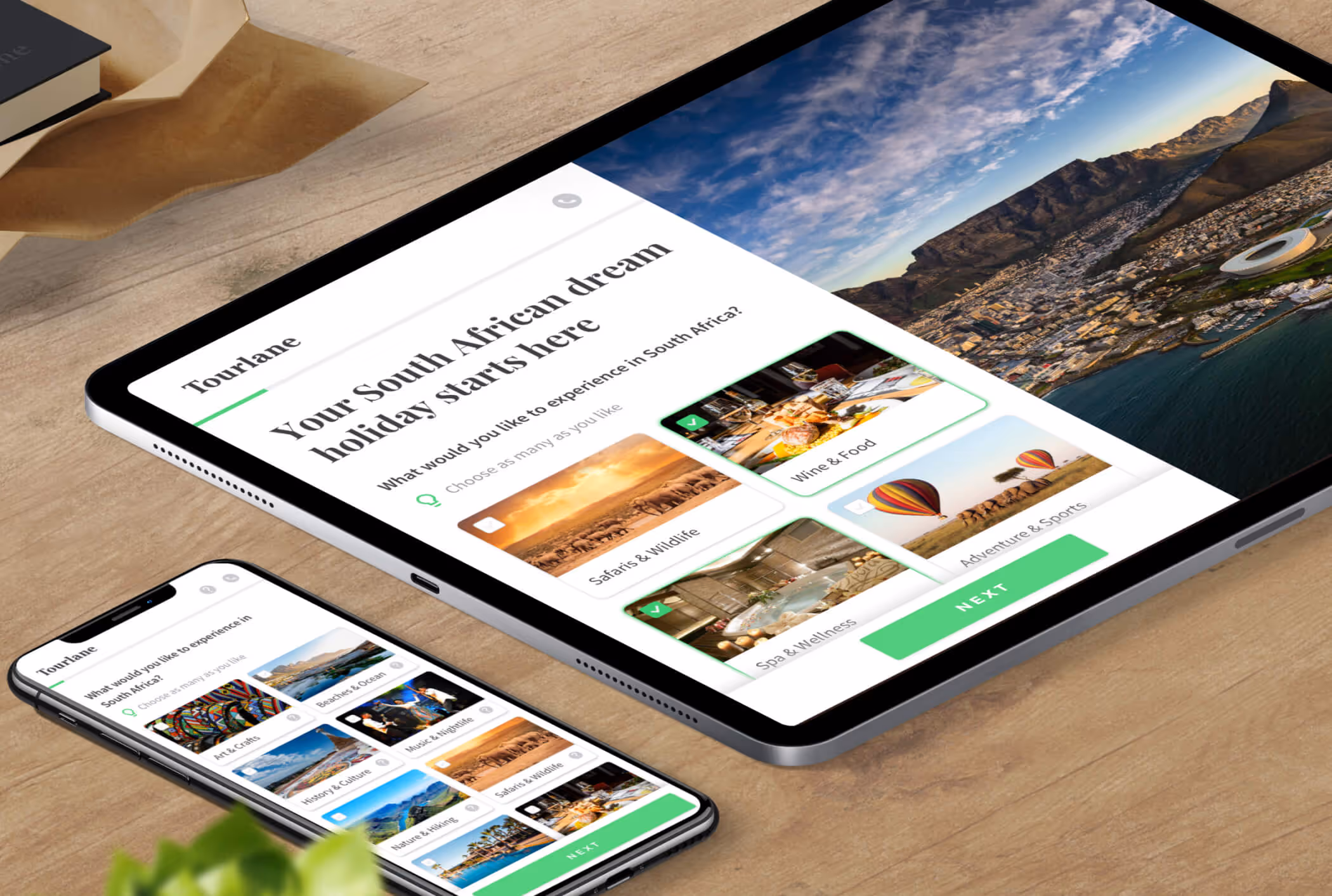A mobile phone and a tablet show the responsive views of the Tourlane onboarding flow