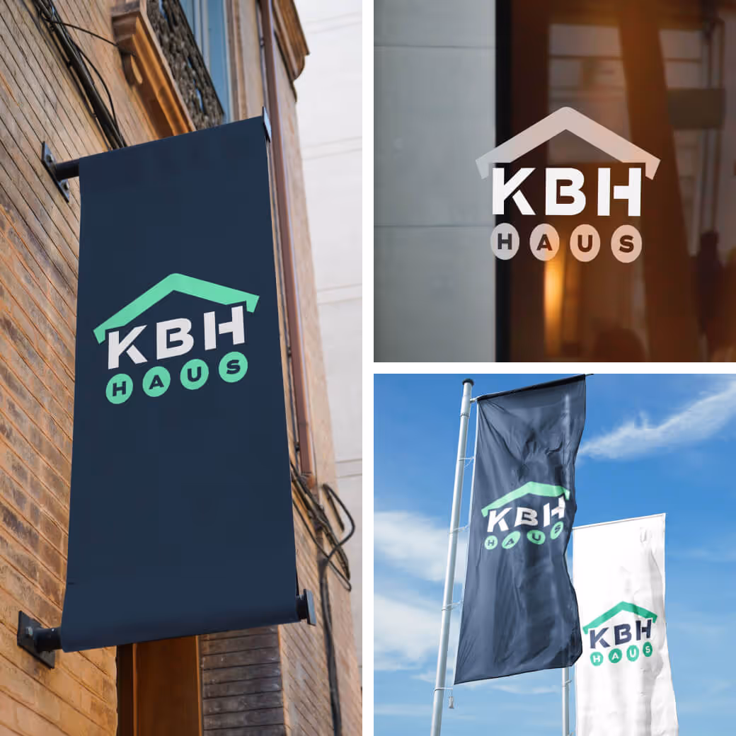 Exterior lettering and flags with the KBH logo