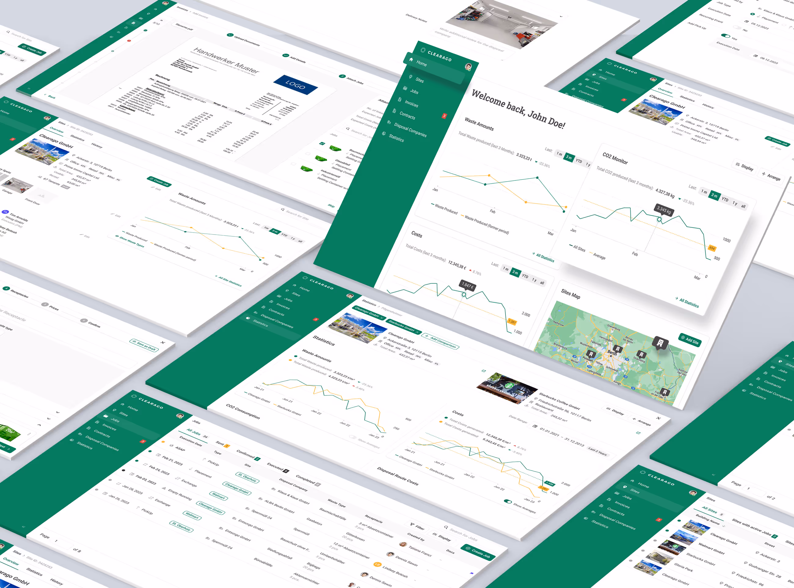 A selection of screenshots show the Clearago SaaS application