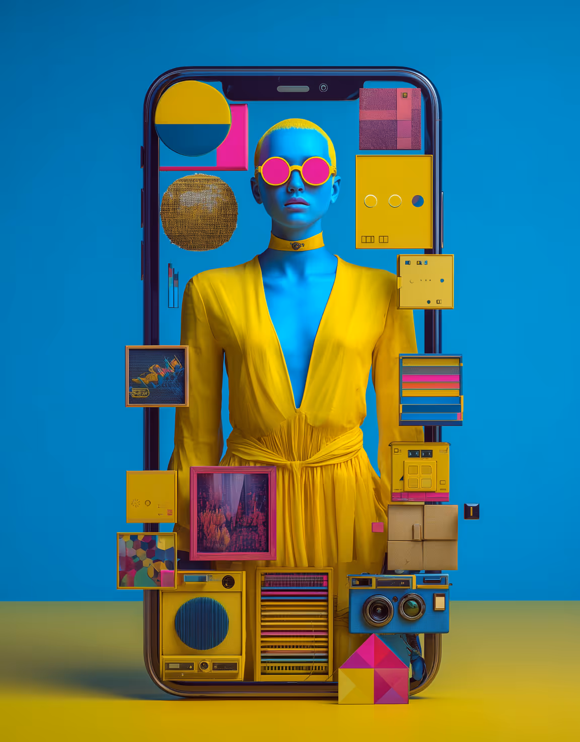 Abstrakte Illustration einer Frau im Smartphone, umgeben von digitalen Symbolen für digitales Marketing, Automatisierung und Online-Sichtbarkeit.