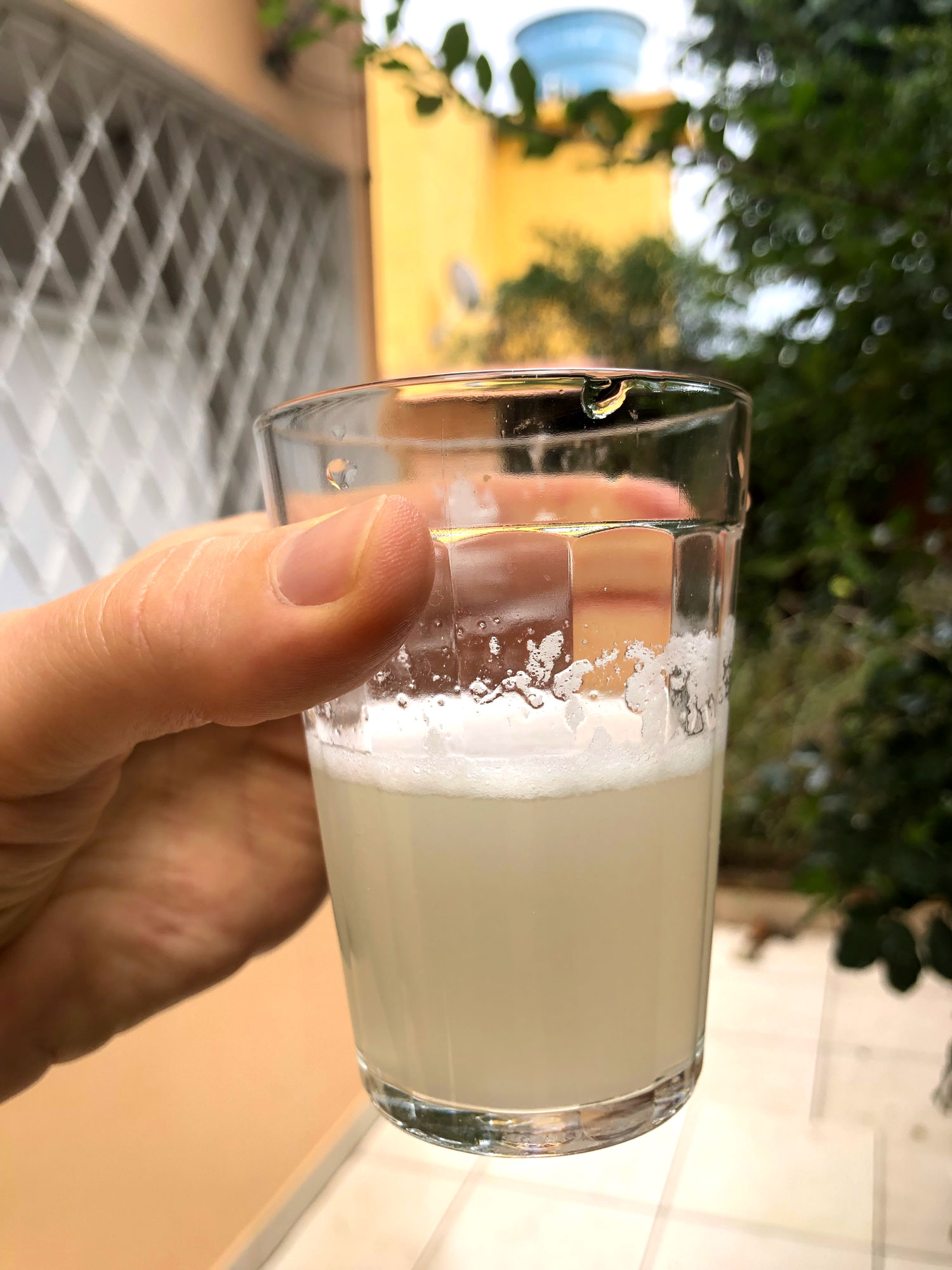 cacao juice in a glass with hand holding it in a garden