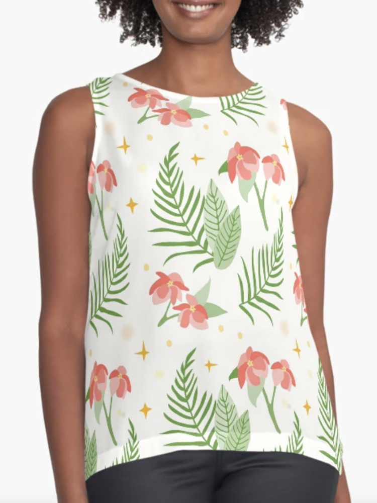 woman with rose pattern shirt