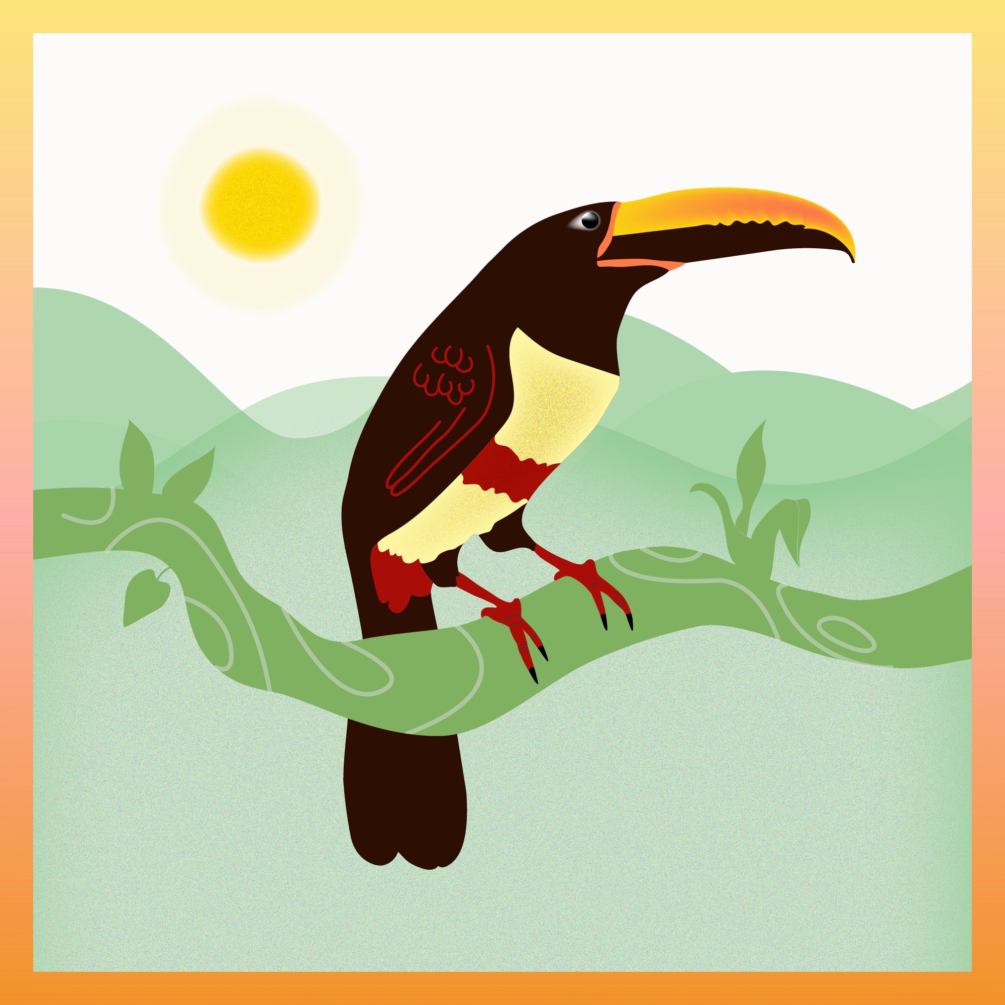 tucan illustration with hills in the background