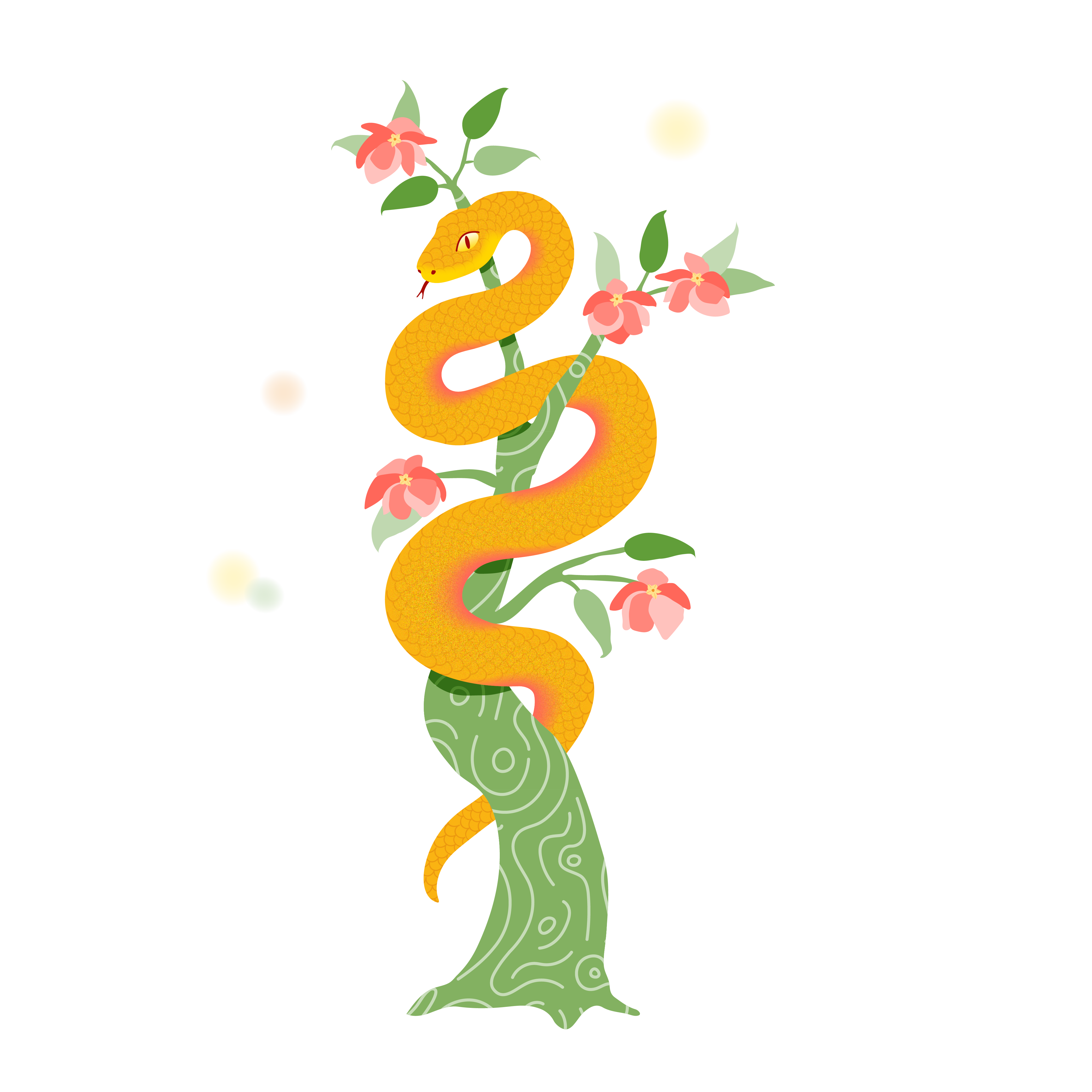 yellow snake in a tree with flowers
