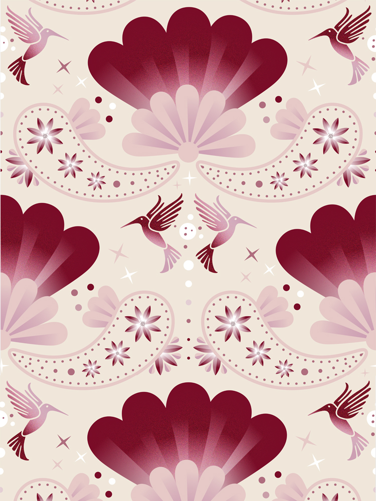 hummingbird and paisley, cherry red fabric