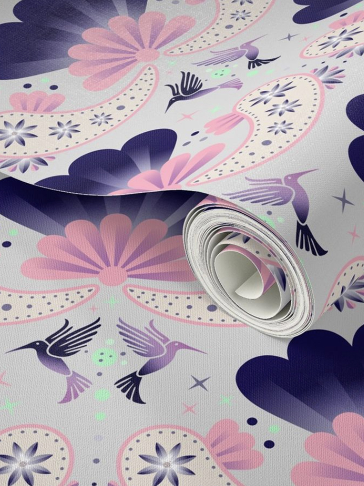 hummingbird and paisley colorfull purple wallpaper