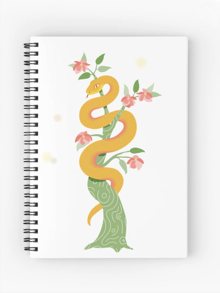 journal with illustration of a snake in a tree with flowers