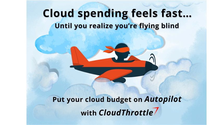 Illustration of a blindfolded pilot flying a cloud-colored plane, symbolizing lack of visibility in cloud spending, with CloudThrottle branding.