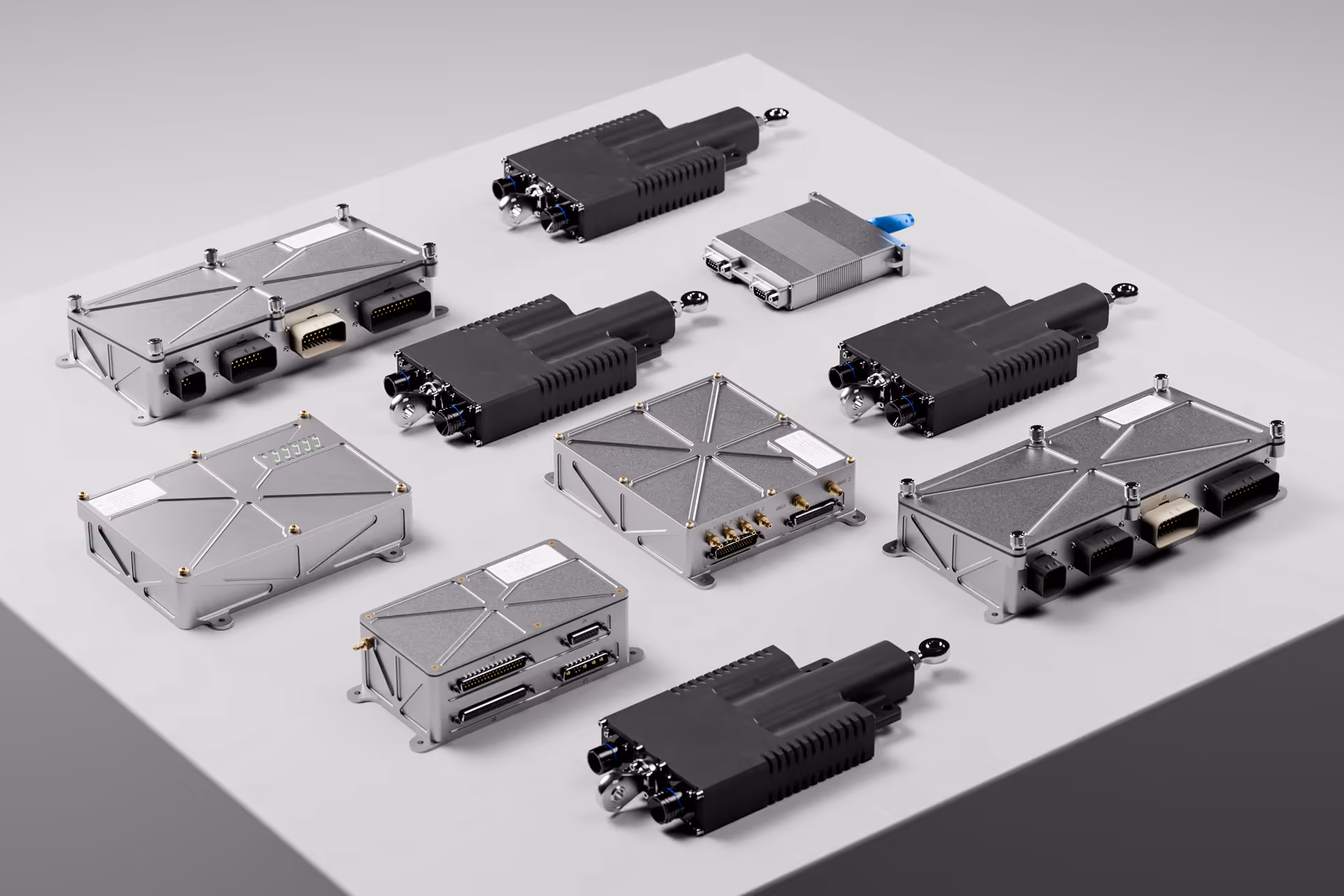 RPX avionics product family - full suite of flight control computers, 
actuator controllers, and mission system hardware displayed in isometric arrangement