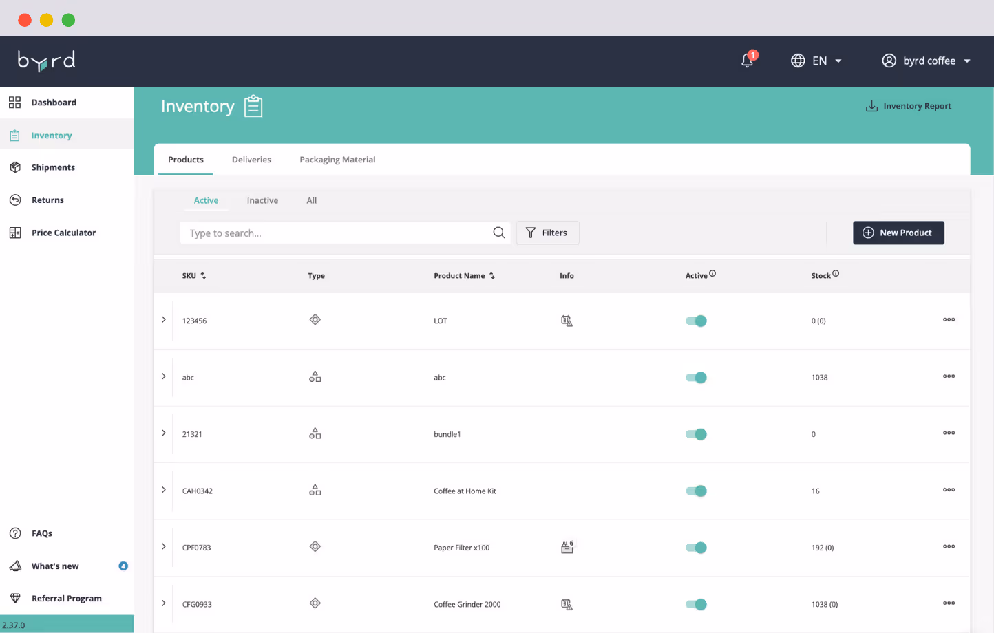 Panel de byrd que muestra que puede descargar informes individuales