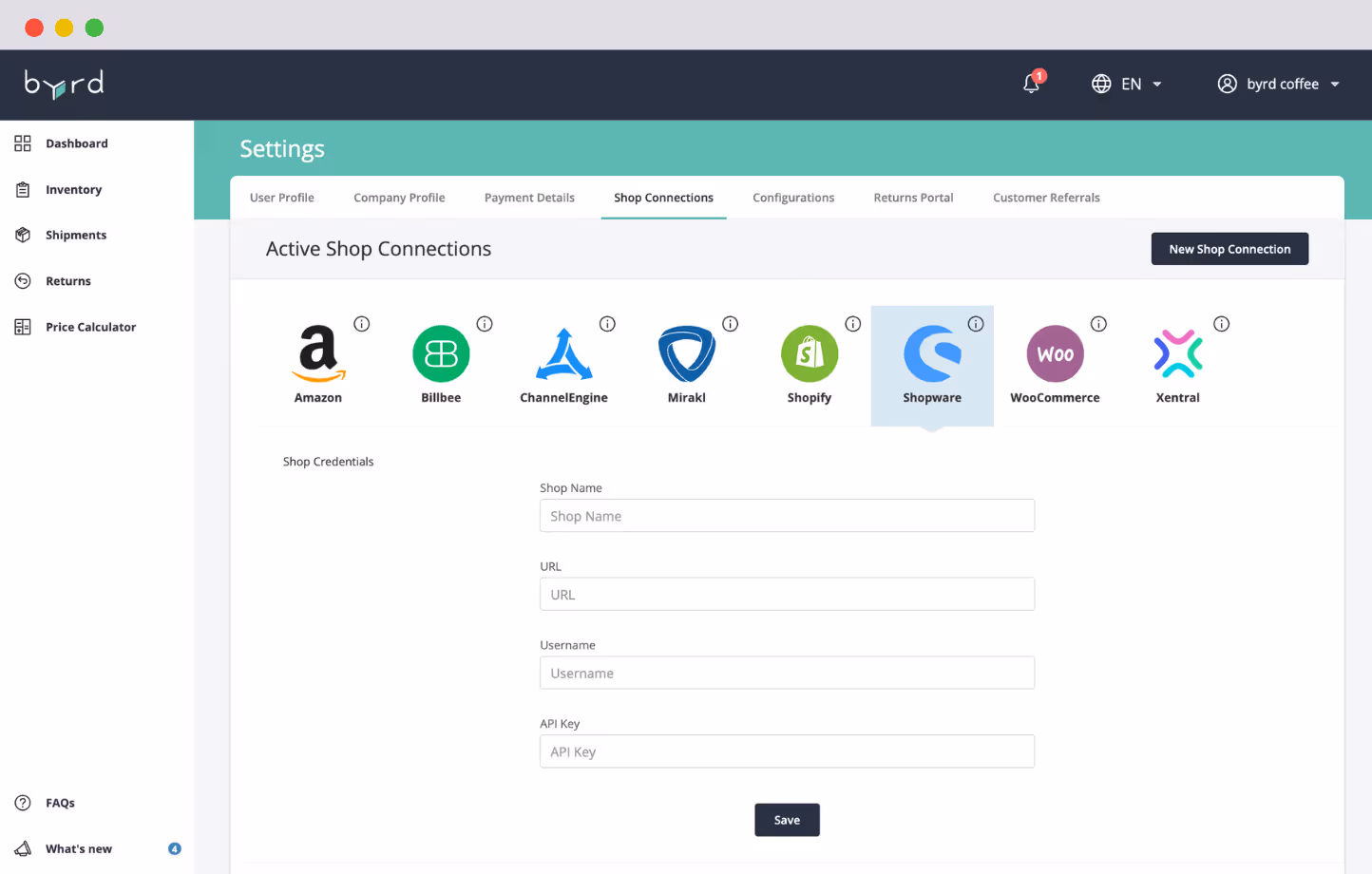 La configuración del panel de byrd con conexiones de tiendas activas muestra iconos y nombres de Amazon, Billbee, ChannelEngine, Mirakl, Shopify, Shopware, WooCommerce y Xentral, con campos de formulario para el nombre de la tienda, la URL, el nombre de usuario y la clave de API.