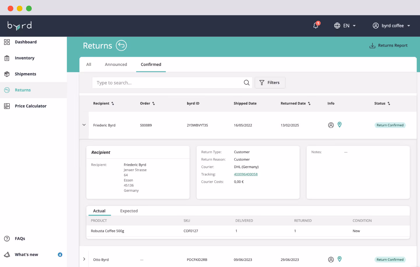 Screenshot of byrd’s returns portal