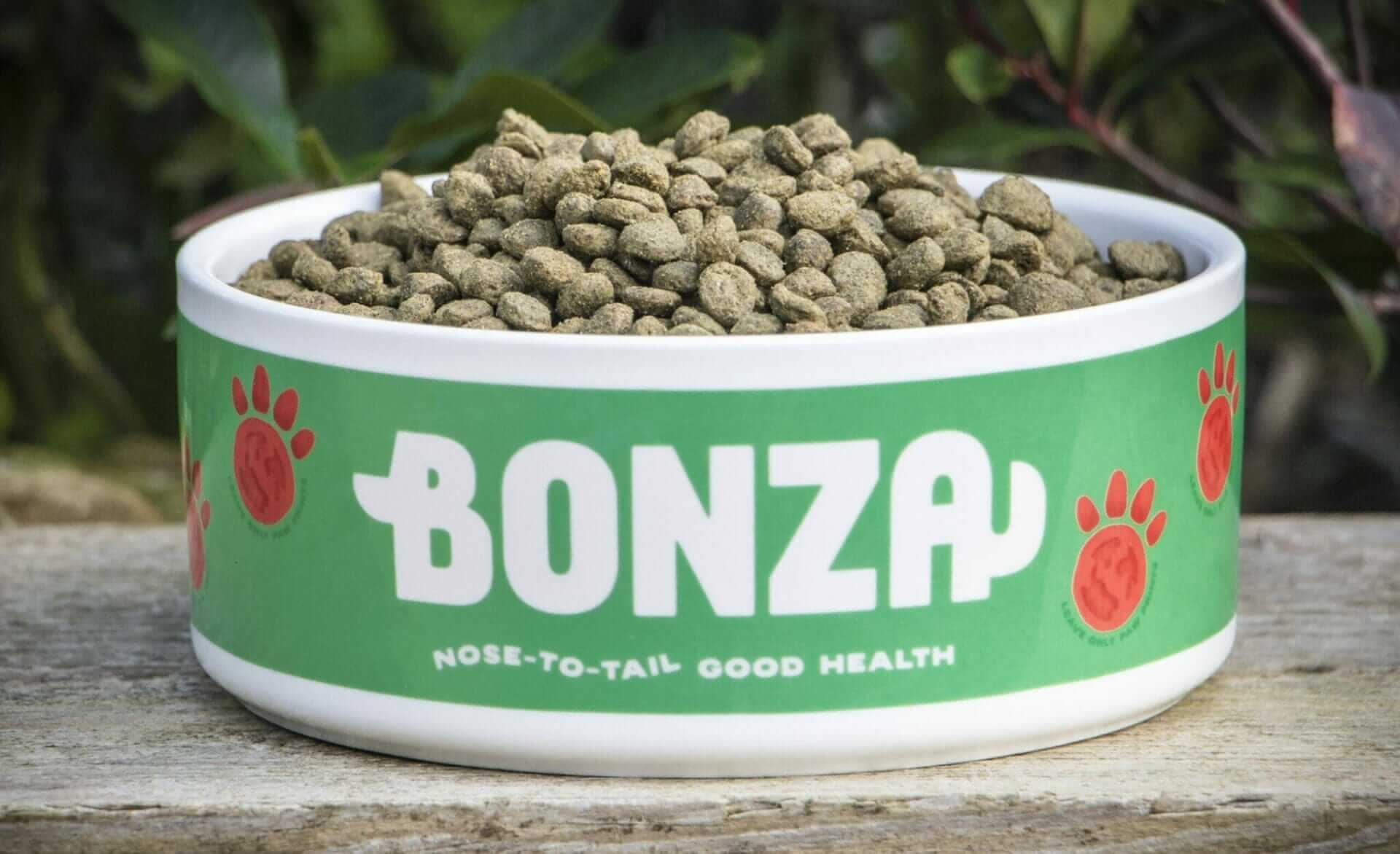 Gamelle pour chien bonza verte avec nourriture séchée, décorée d'empreintes de pattes rouges et de l'inscription « Nose-to-Tail Good Health ». '