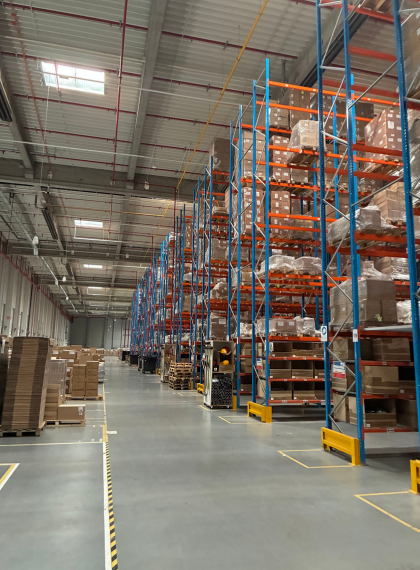 Warehouse aisles with pallet racking in byrd's Polish fulfillment center