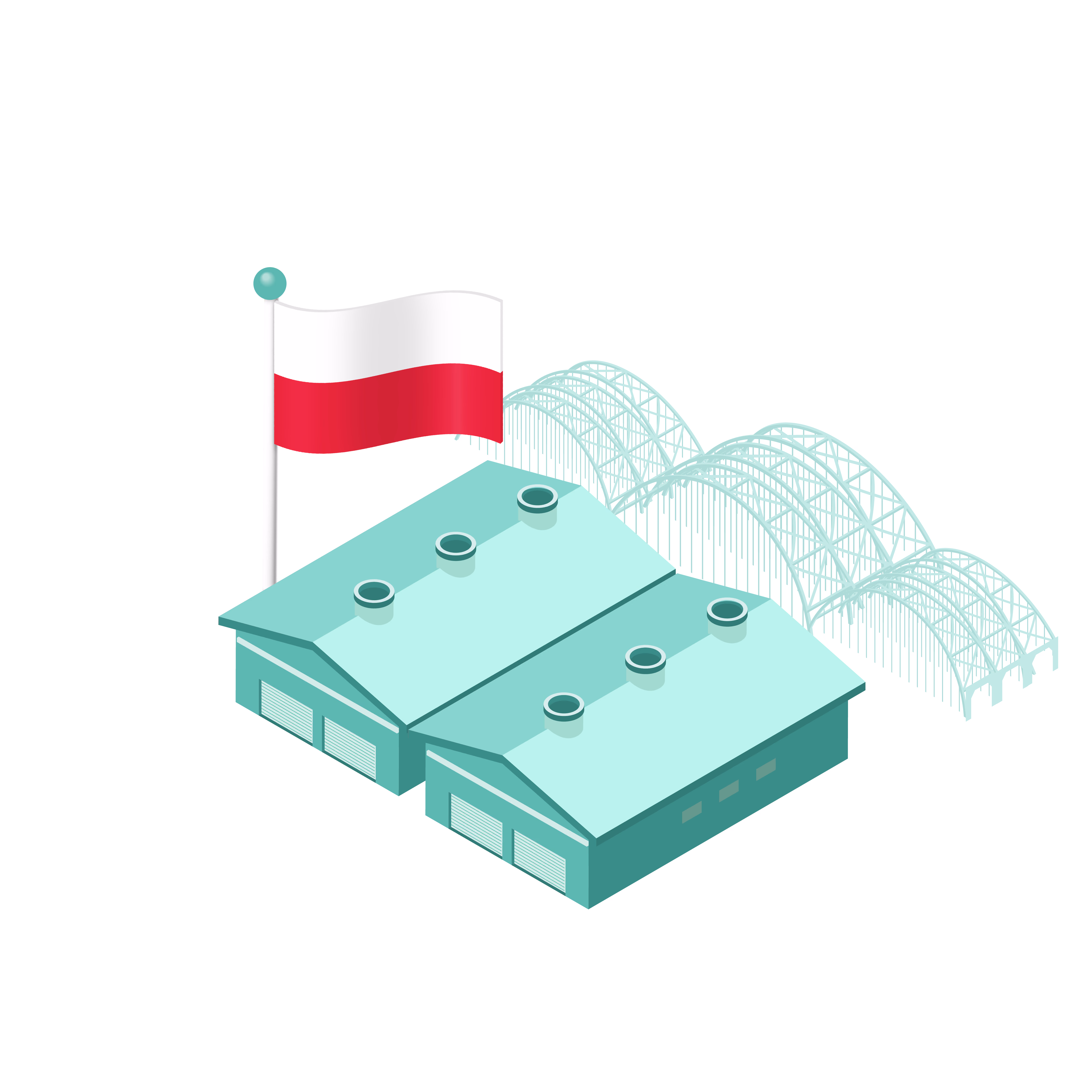 Illustration of a fulfillment center with a Polish flag, representing byrd's location in Poland