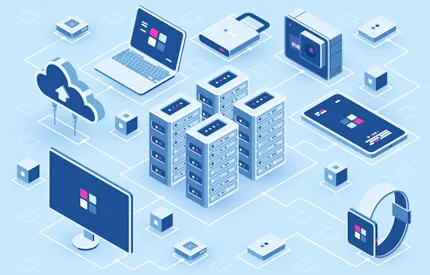 A vector illustration of a tech city using latest cloud technologies & infrastructure 