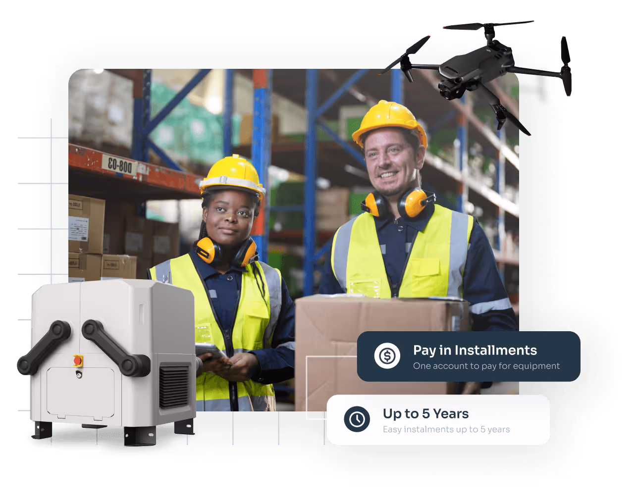 Two warehouse workers wearing safety gear alongside drone hardware and finance icons, illustrating RocketDNA’s DroneLoan offering with flexible equipment financing, up to AUD$100,000 and 5-year repayment terms.