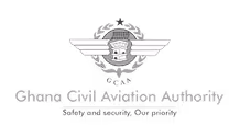 Logo of Ghana Civil Aviation Authority featuring wings, a globe, and the national emblem.