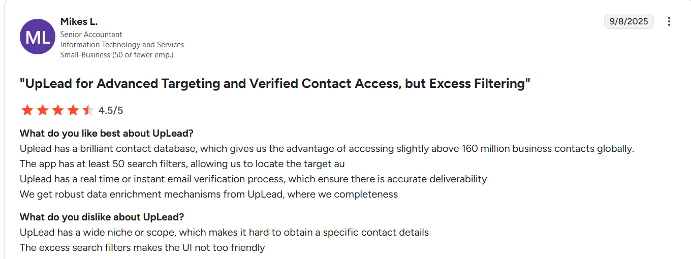 Uplead for Advanced Targeting and Verified Contact Access, but Excess Filtering