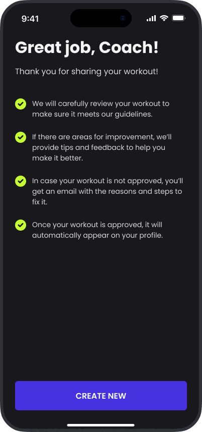 Finishing uploading a workout: "Good job, coach!"