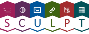 Sculpt infographic containing six symbols relating to heading structure, colour contrast, images, links, plain English, and tables.