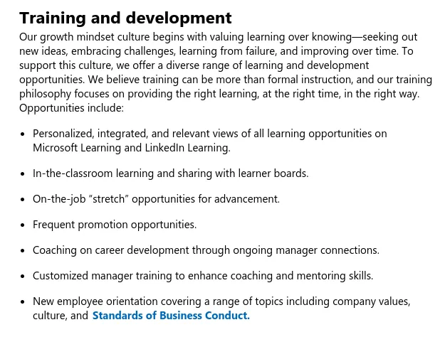 Screenshot of Microsoft's training and development approach