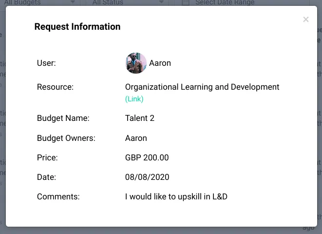 A learner request to spend part of their learning budget in HowNow