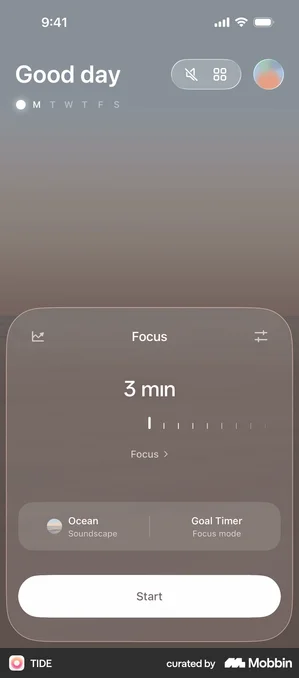TIDE glassmorphism neumorphism soft UI focus timer card