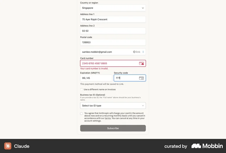 Claude payment form inline validation card number error