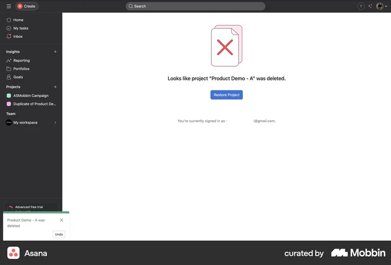 Asana error recovery undo deleted project restore