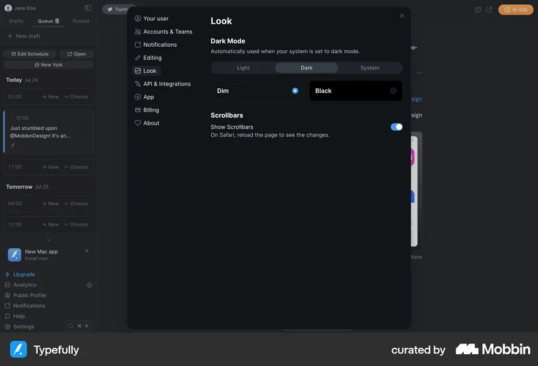 Typefully dark mode settings light dark system toggle