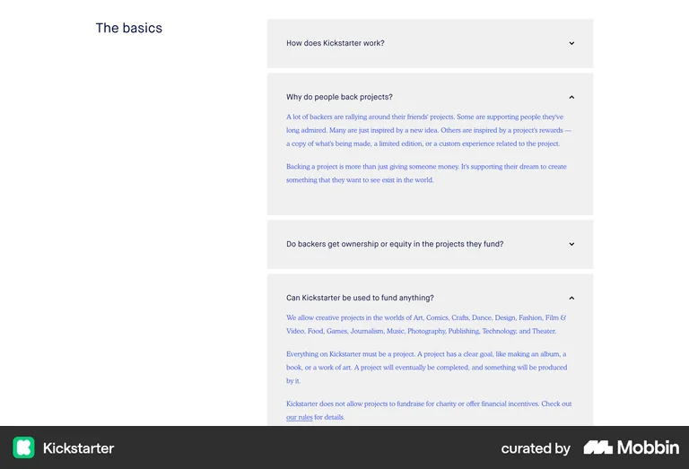 Kickstarter FAQ accordion progressive disclosure