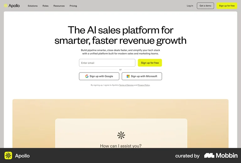 Apollo web app CTA sign up for free hero landing page
