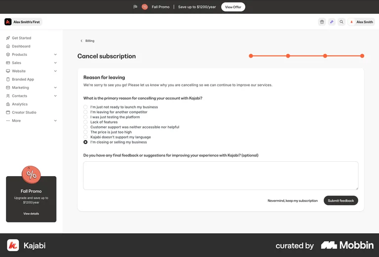 Kajabi web app subscription cancellation offboarding reasons