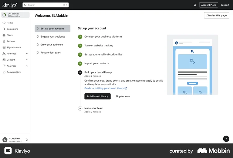 Klaviyo web app onboarding checklist setup flow