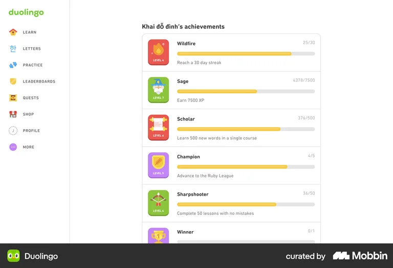 Duolingo web achievements badges progress gamification