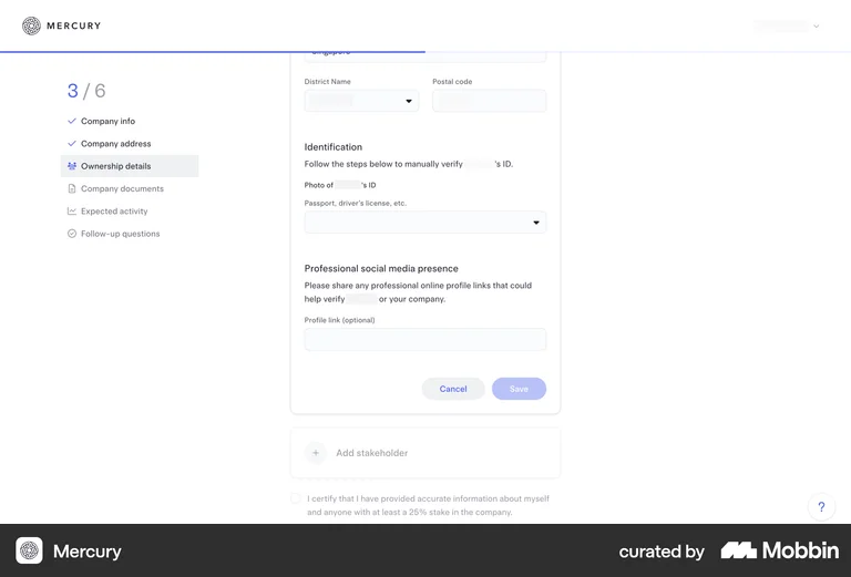 Mercury web app progress indicator 3 of 6 steps