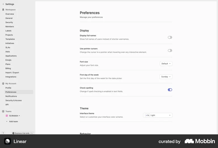 Linear web preferences smart defaults pre-configured settings
