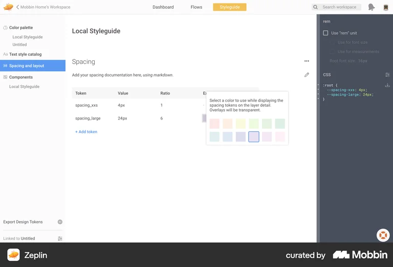 Zeplin design system styleguide spacing tokens components