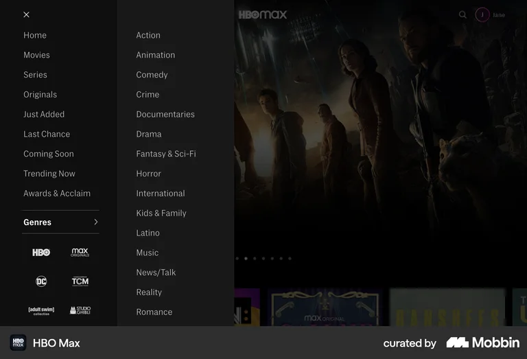HBO Max web information architecture flyout navigation categories